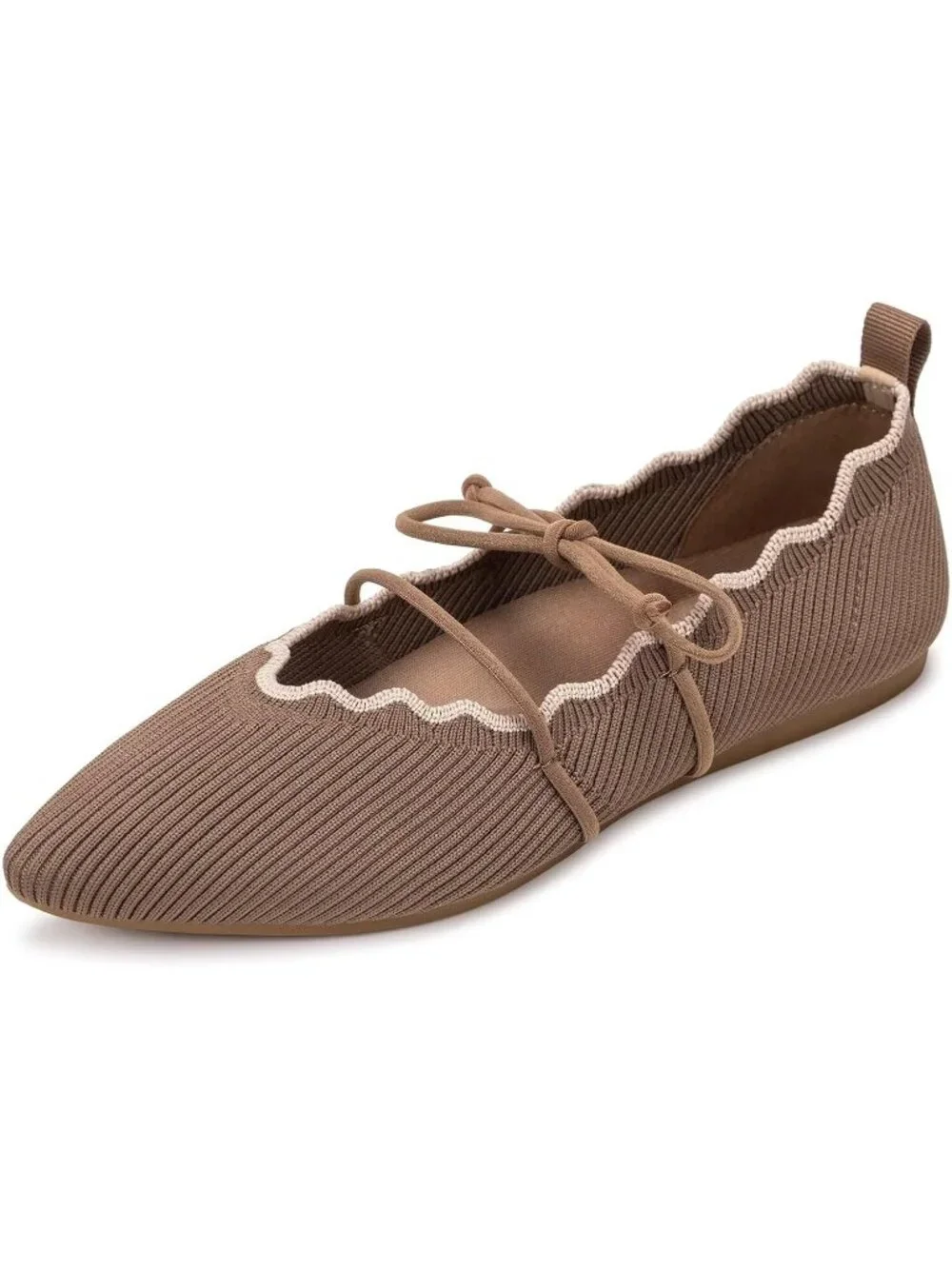 Women's Brown Rubber Knitted Slip On Pointed Toe with Ruffled Vamp Elastic Flats